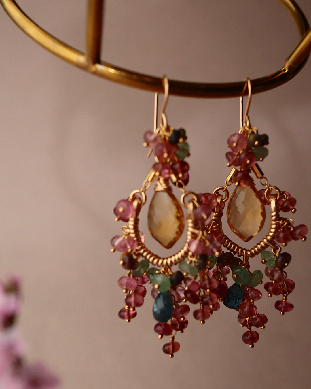 [Plants and flowers waiting for spring] Citrine and pink tourmaline chandelier earrings