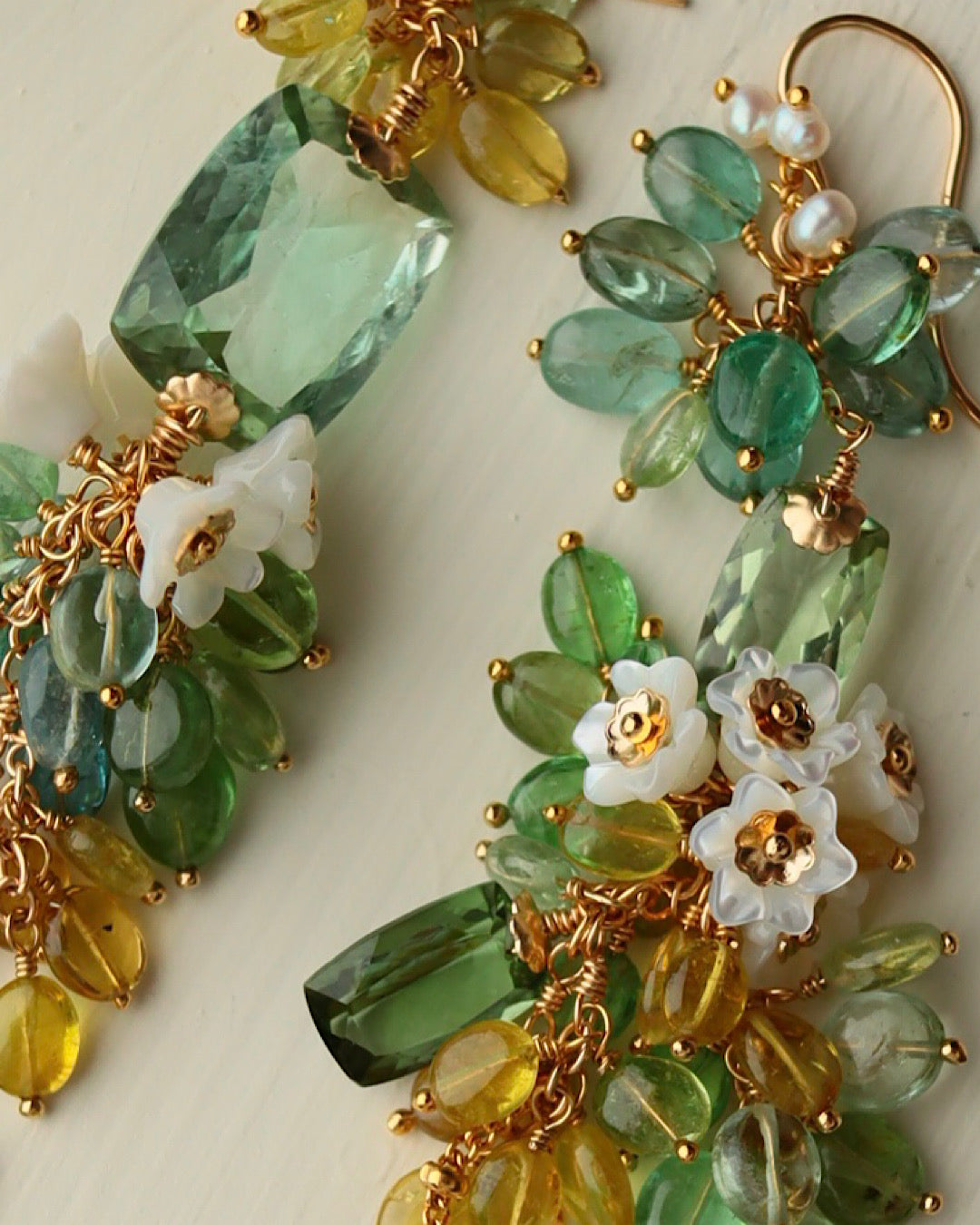 Green Tourmaline Asymmetrical Chandelier Earrings with Multi-Color Tourmaline and Pearl Flower