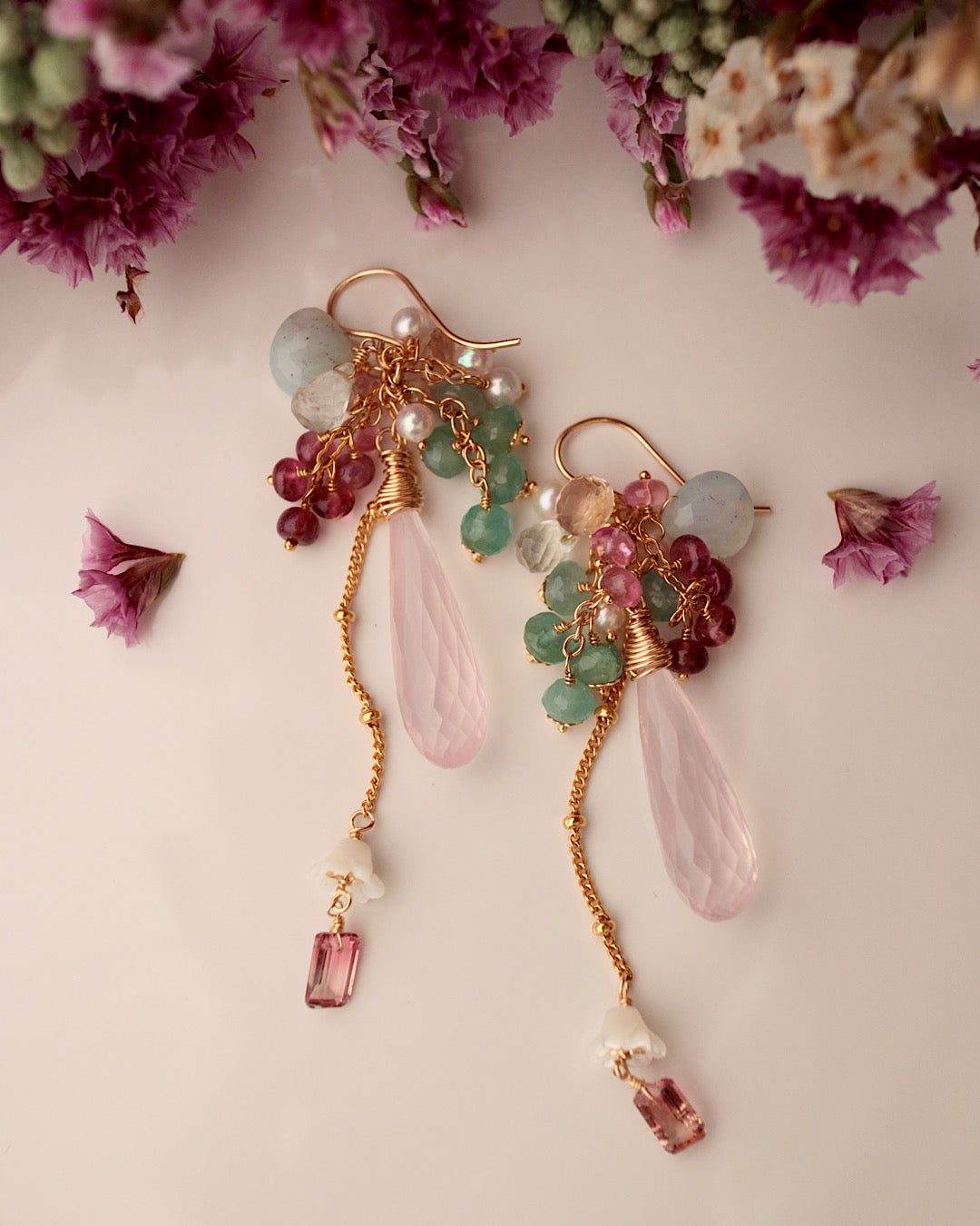 [One-of-a-kind] Pink tourmaline and rose quartz earrings