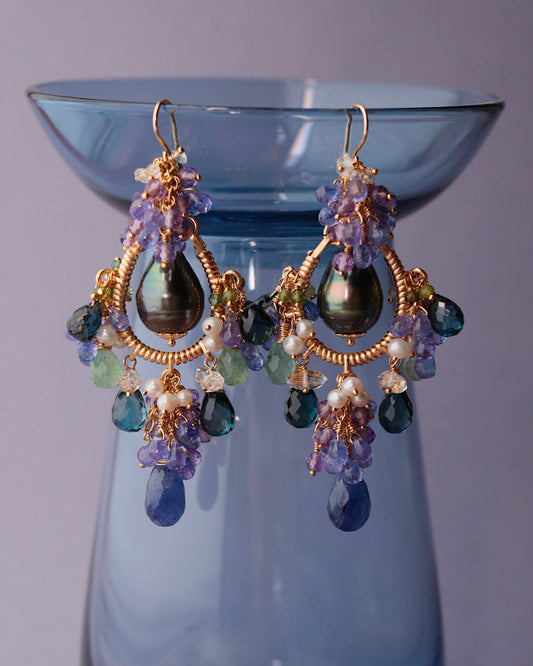 [Water Lilies] Water Lilies at Night — Chandelier Earrings [One-of-a-kind]