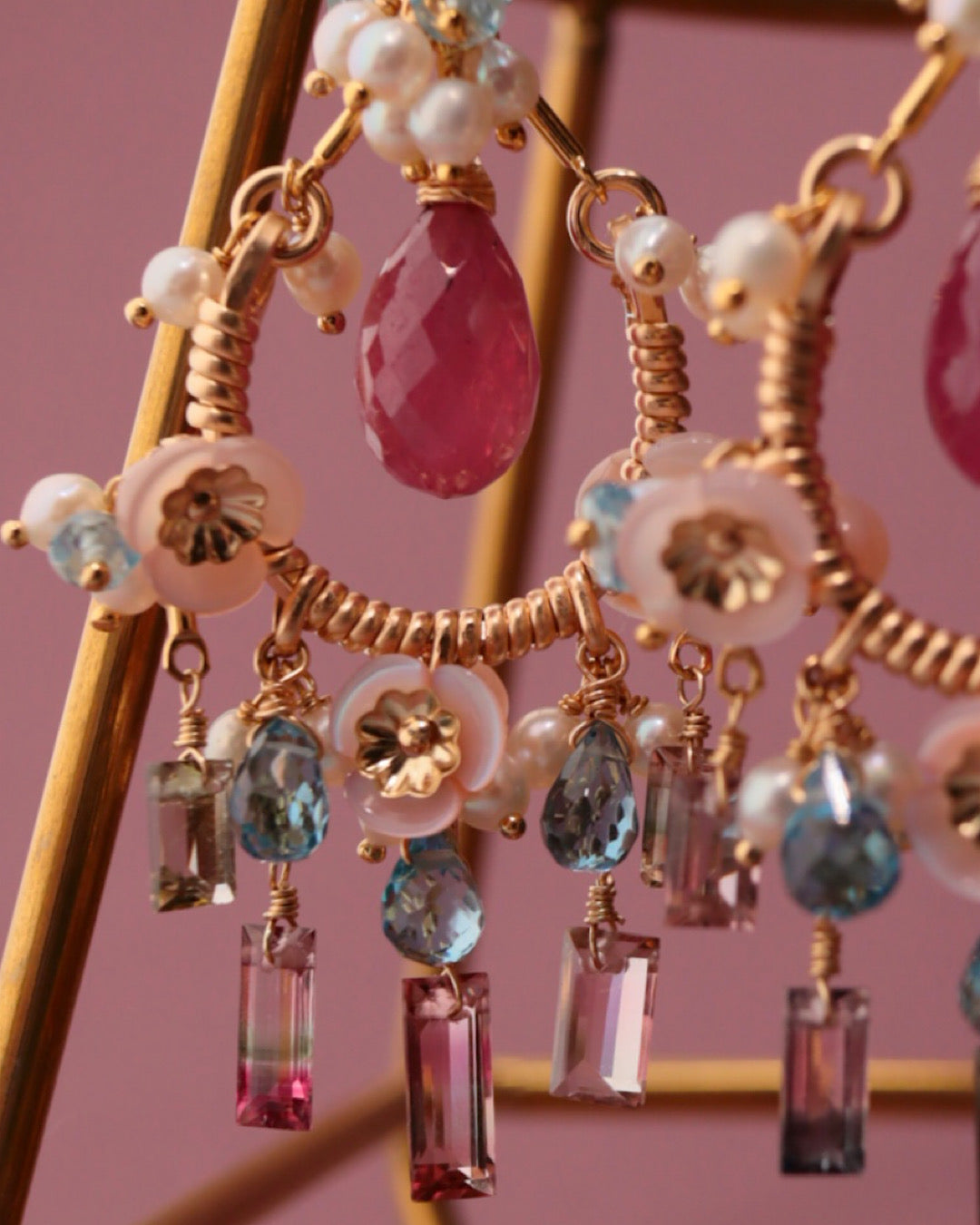 Pink sapphire and bicolor tourmaline chandelier earrings