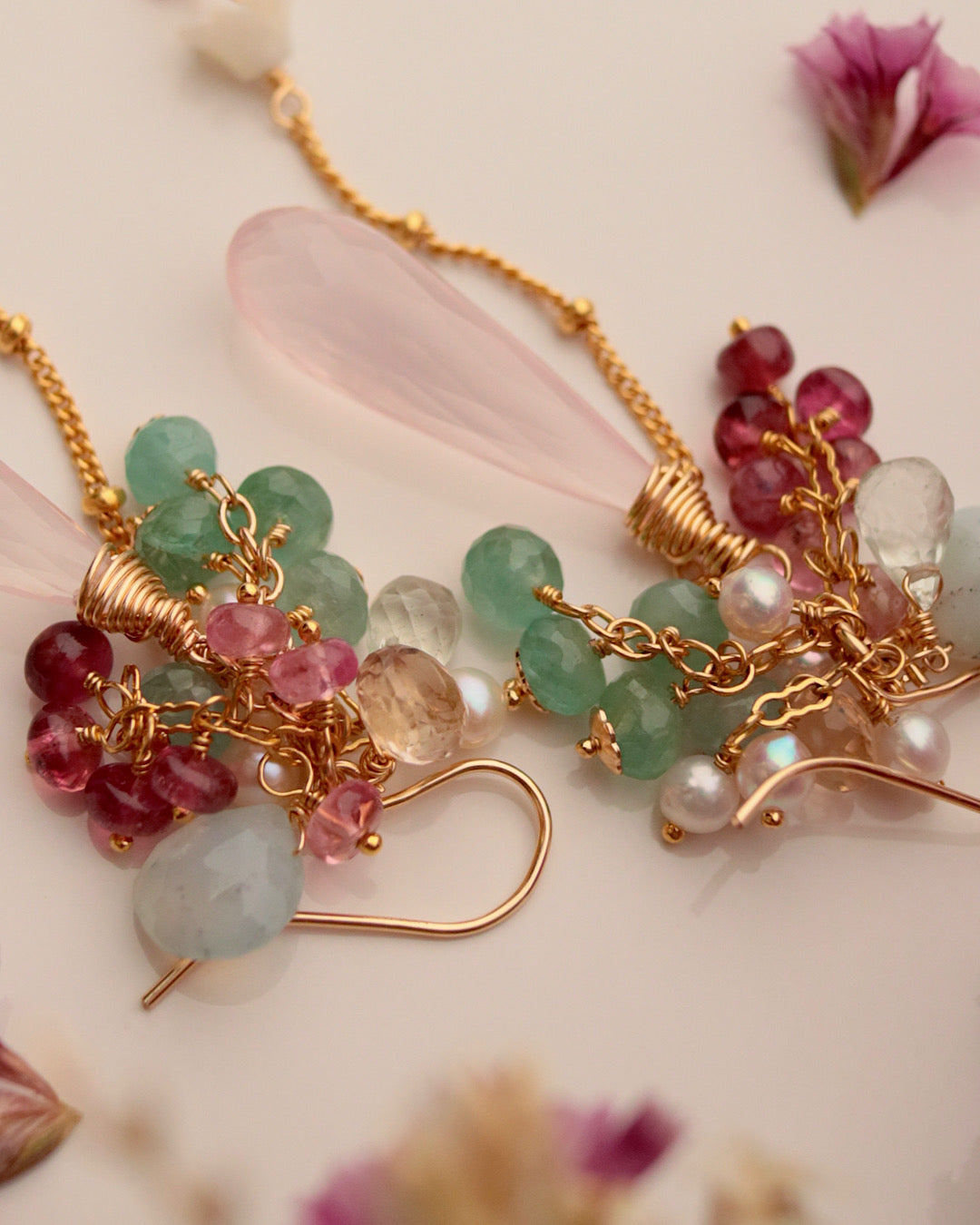 [One-of-a-kind] Pink tourmaline and rose quartz earrings