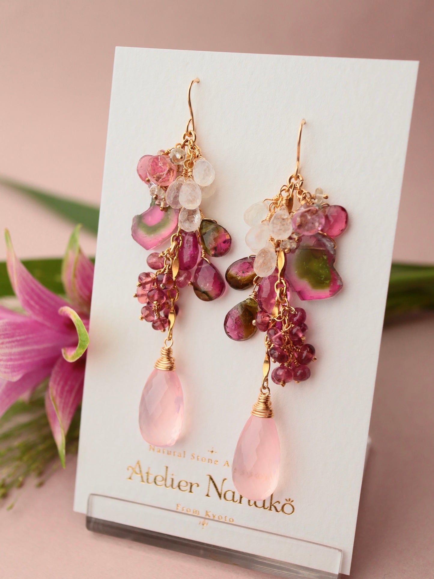 [One of a kind] Watermelon tourmaline and pink stone earrings