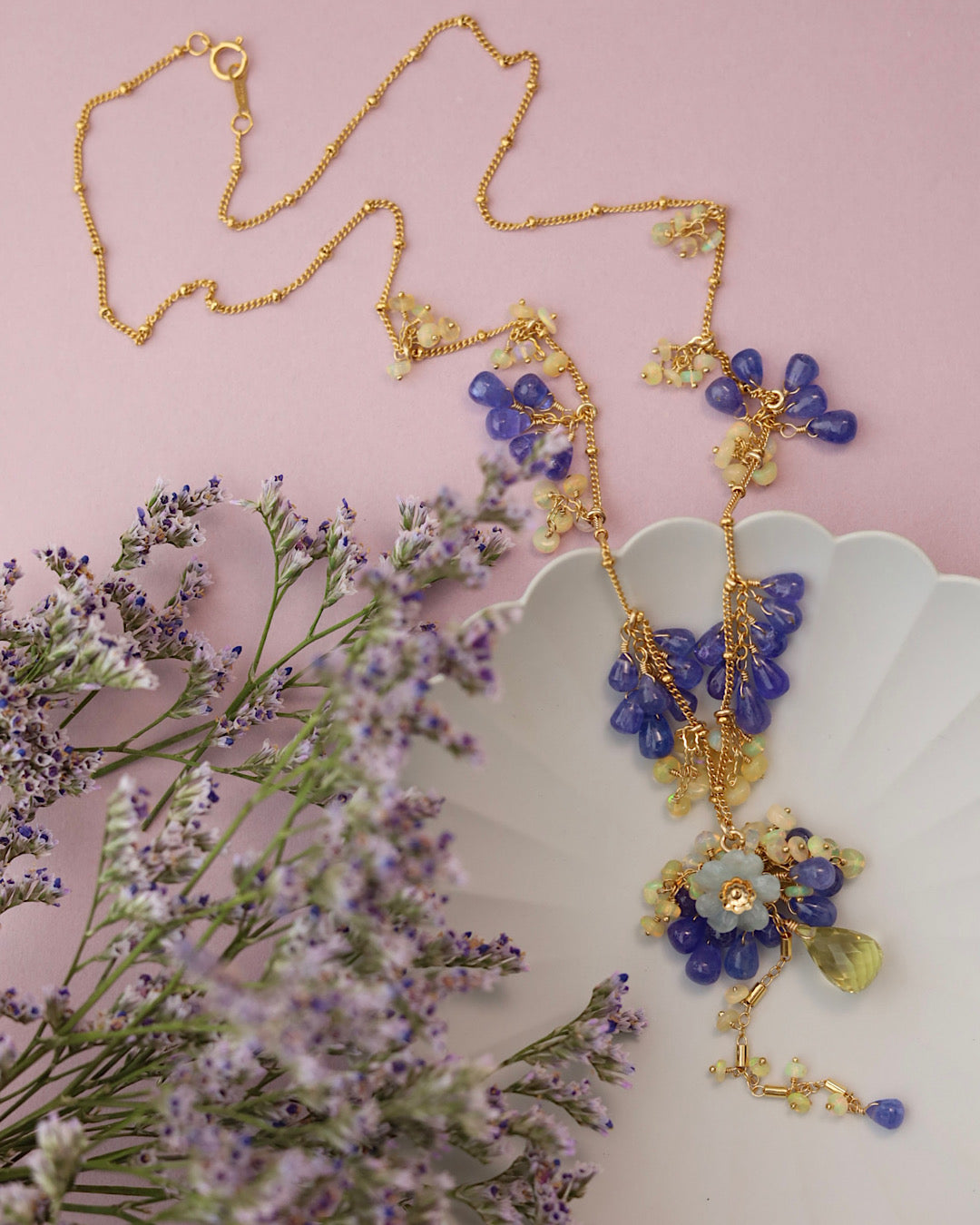 [One-of-a-kind] [Aqua Bloom] Aquamarine and Tanzanite Necklace