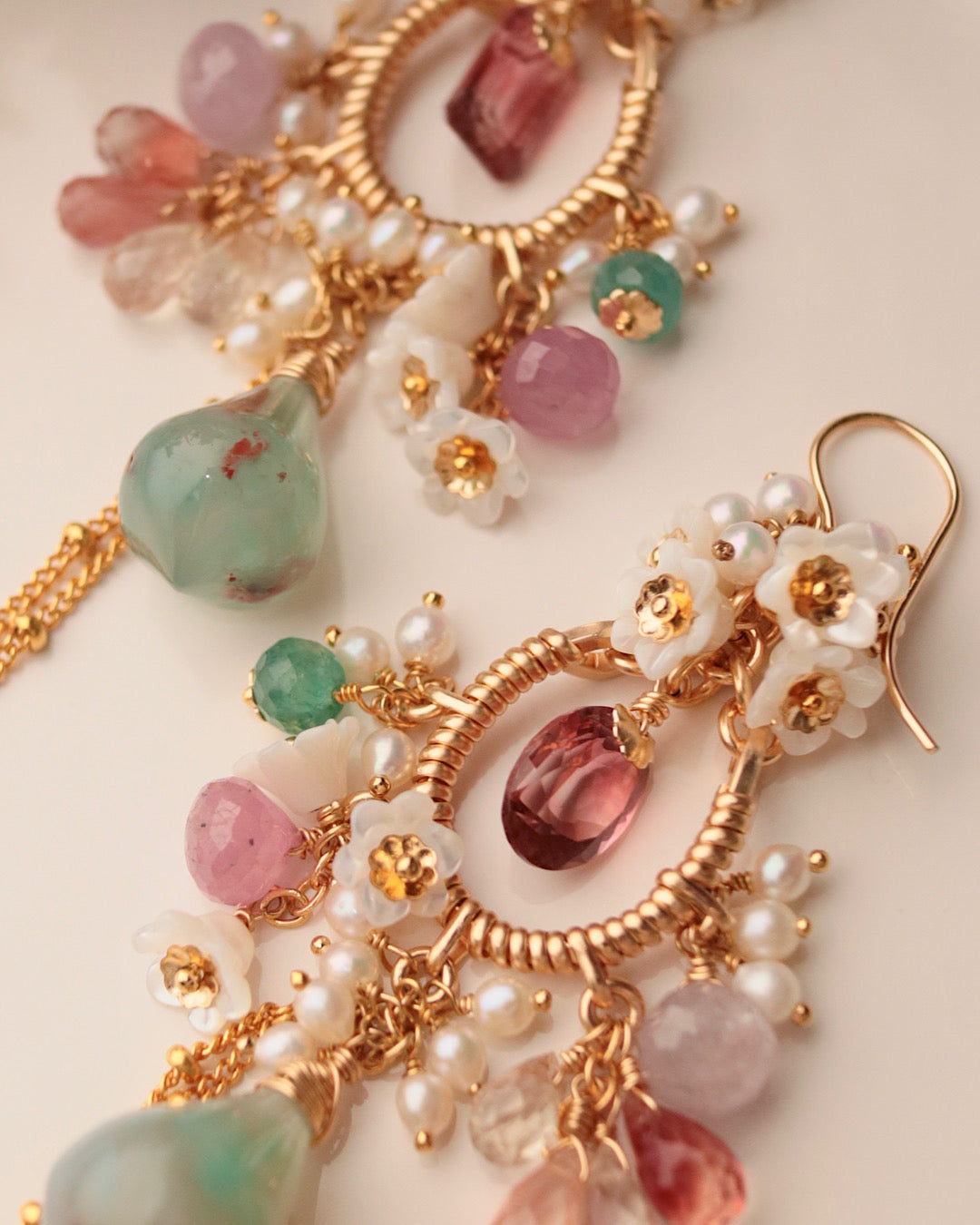 [One-of-a-kind] Tourmaline and Aquaprase Chandelier Earrings
