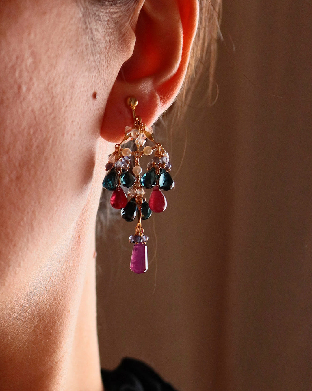 [Stories in Red] Ruby and London Blue Topaz Chandelier Earrings