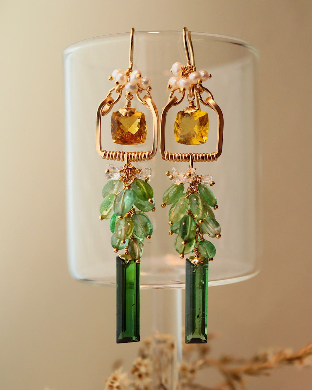 Square Yellow Tourmaline and Green Tourmaline Chandelier Earrings with Pearl