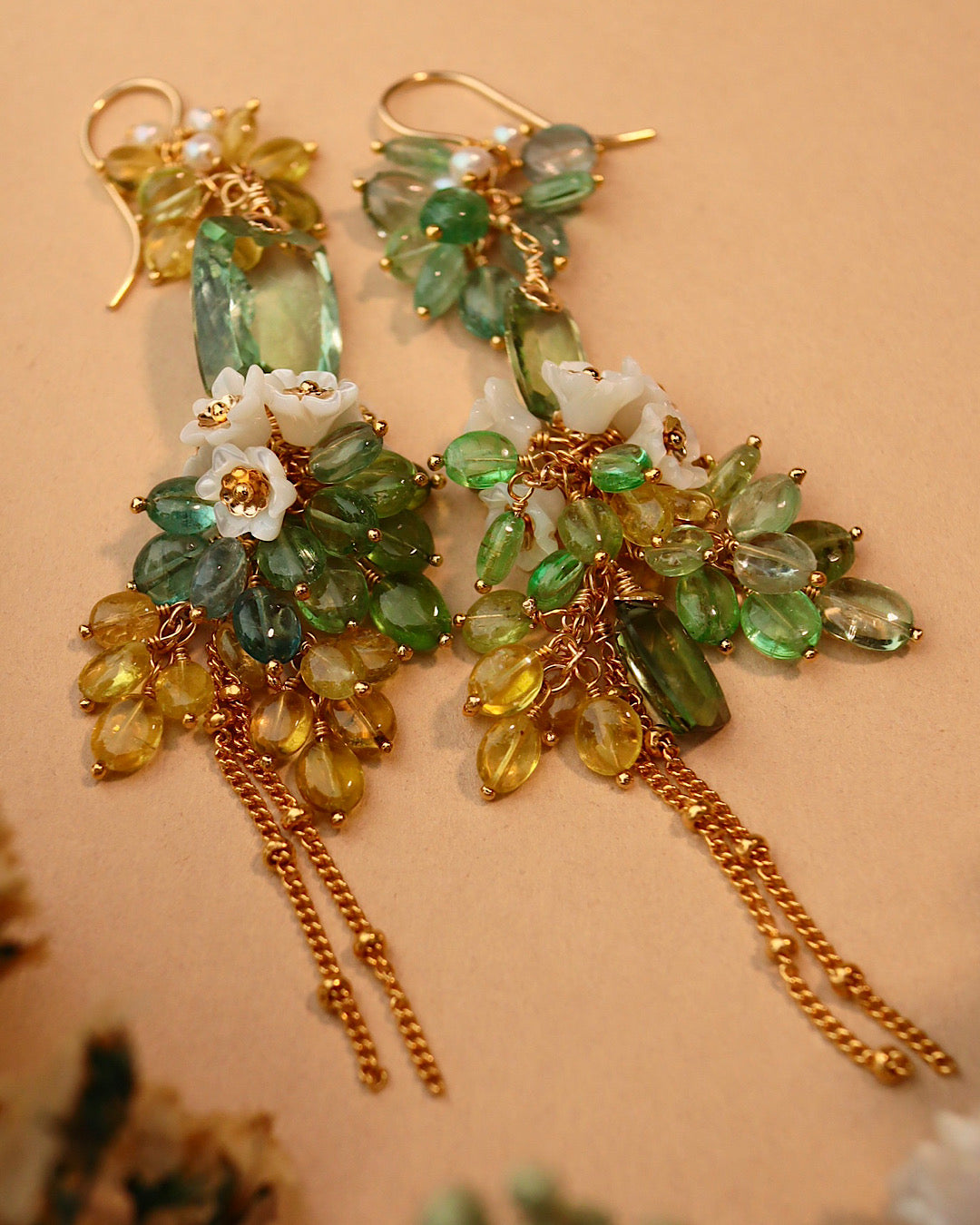 Green Tourmaline Asymmetrical Chandelier Earrings with Multi-Color Tourmaline and Pearl Flower