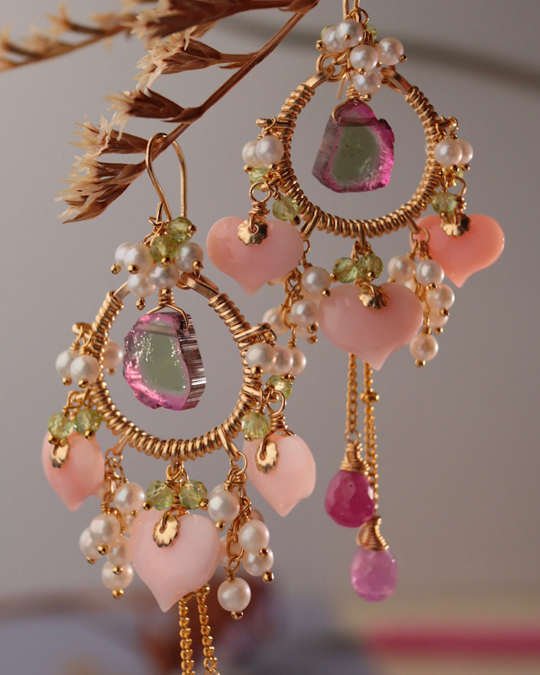 Watermelon Tourmaline and Heart-Shaped Pink Opal Earrings [One-of-a-kind]