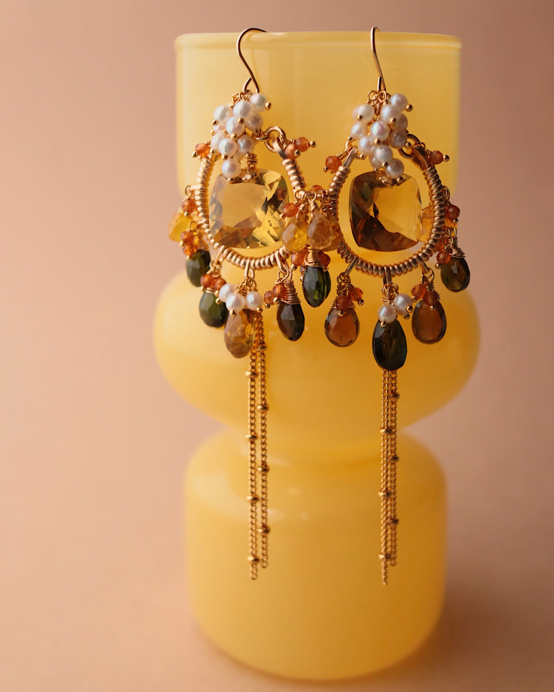 [One-of-a-kind] Lemon Quartz and Tourmaline Chandelier Earrings