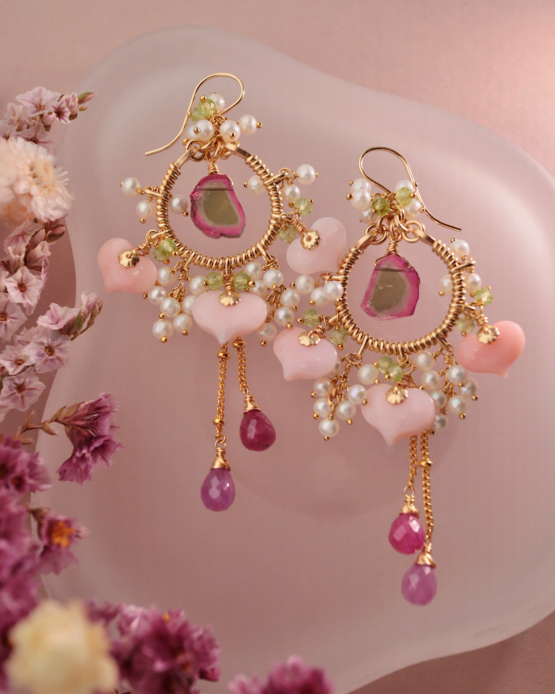 Watermelon Tourmaline and Heart-Shaped Pink Opal Earrings [One-of-a-kind]