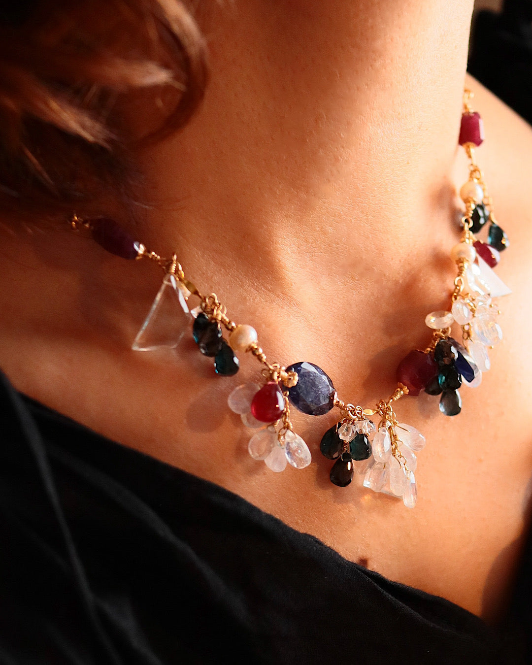 One-of-a-kind [Stories in Red] Ruby and London Blue Topaz Necklace