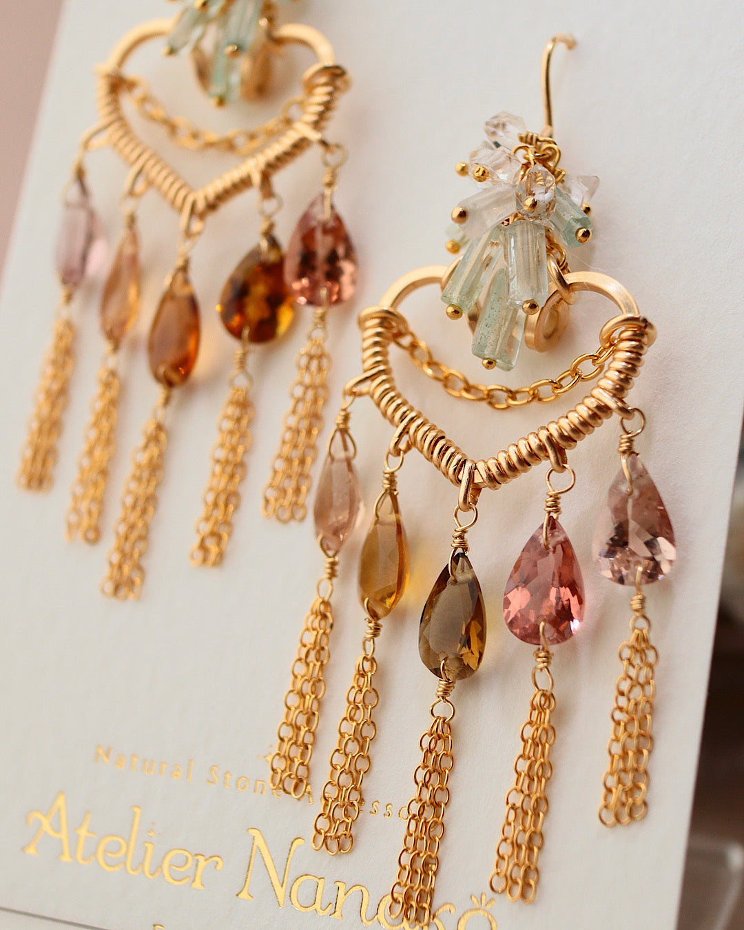 [One of a kind] Brown tourmaline heart chandelier earrings