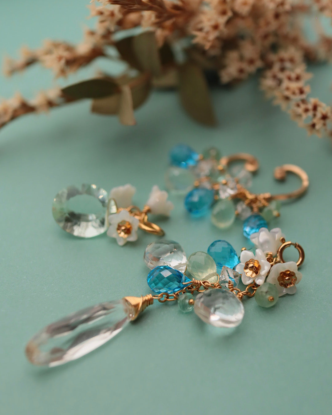 Swiss blue topaz and green fluorite ear cuff