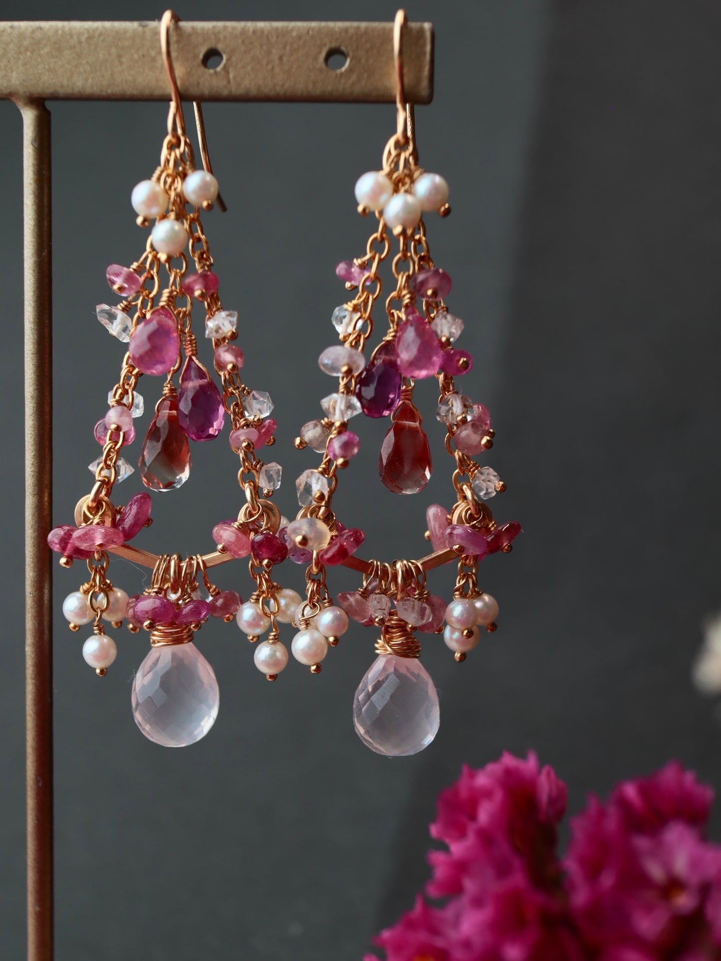 Strawberry colored chandelier earrings