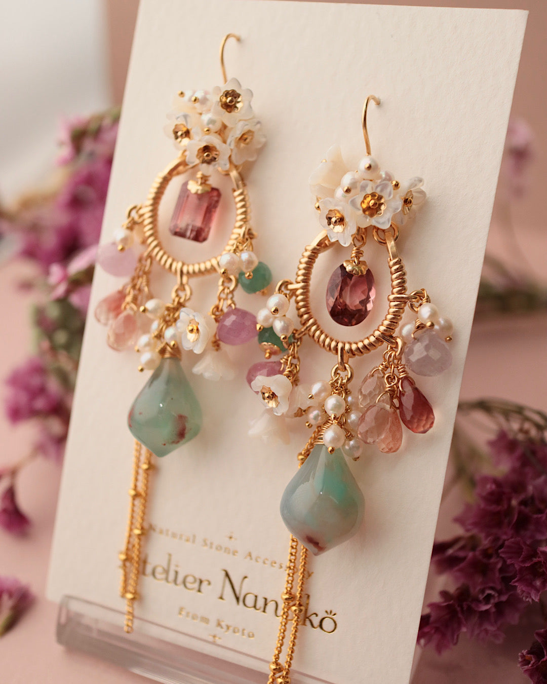 [One-of-a-kind] Tourmaline and Aquaprase Chandelier Earrings