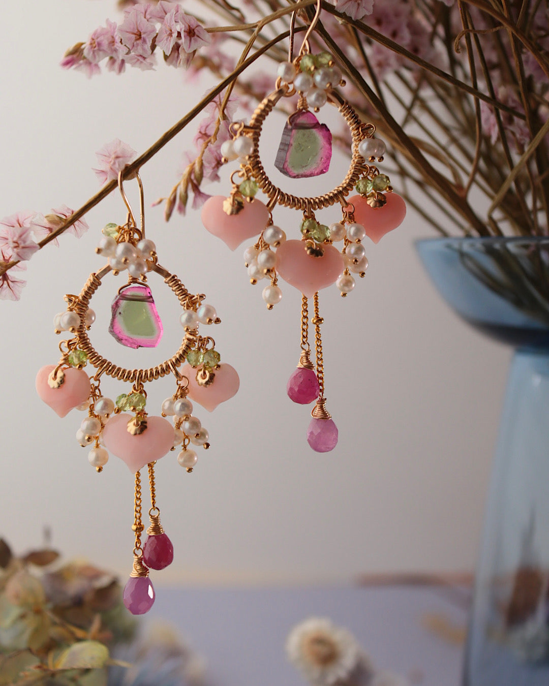 Watermelon Tourmaline and Heart-Shaped Pink Opal Earrings [One-of-a-kind]