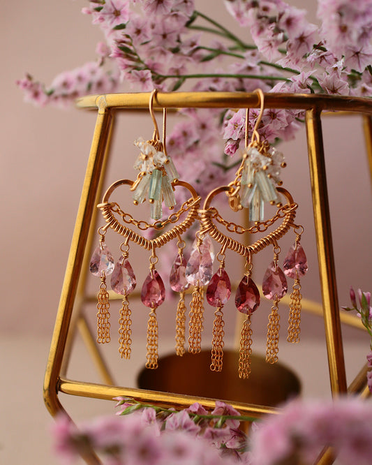 [One of a kind] Pink tourmaline heart chandelier earrings