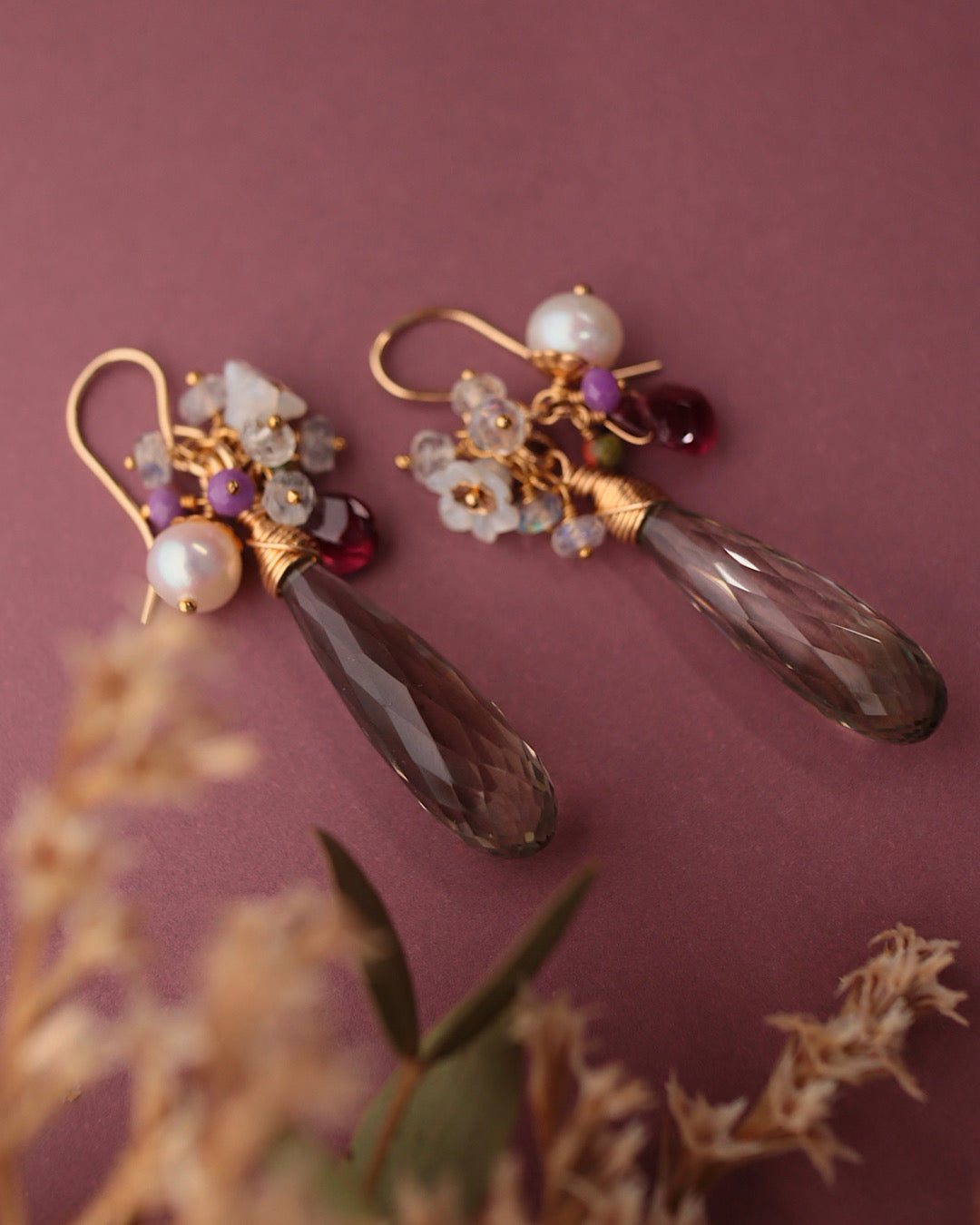 Green amethyst and garnet earrings/clip-on earrings