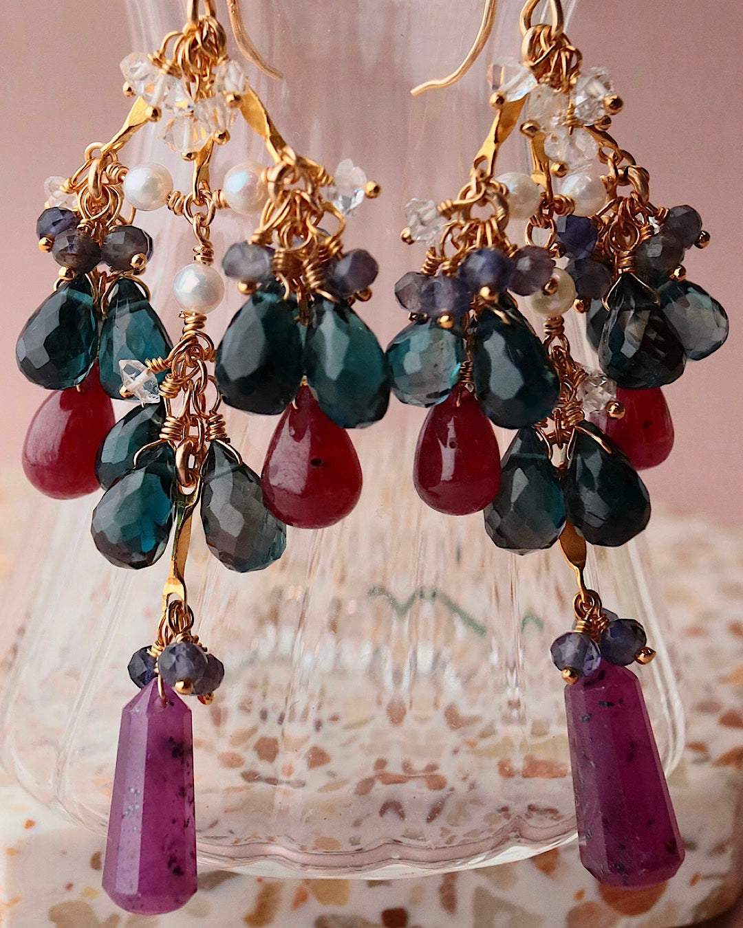 [Stories in Red] Ruby and London Blue Topaz Chandelier Earrings