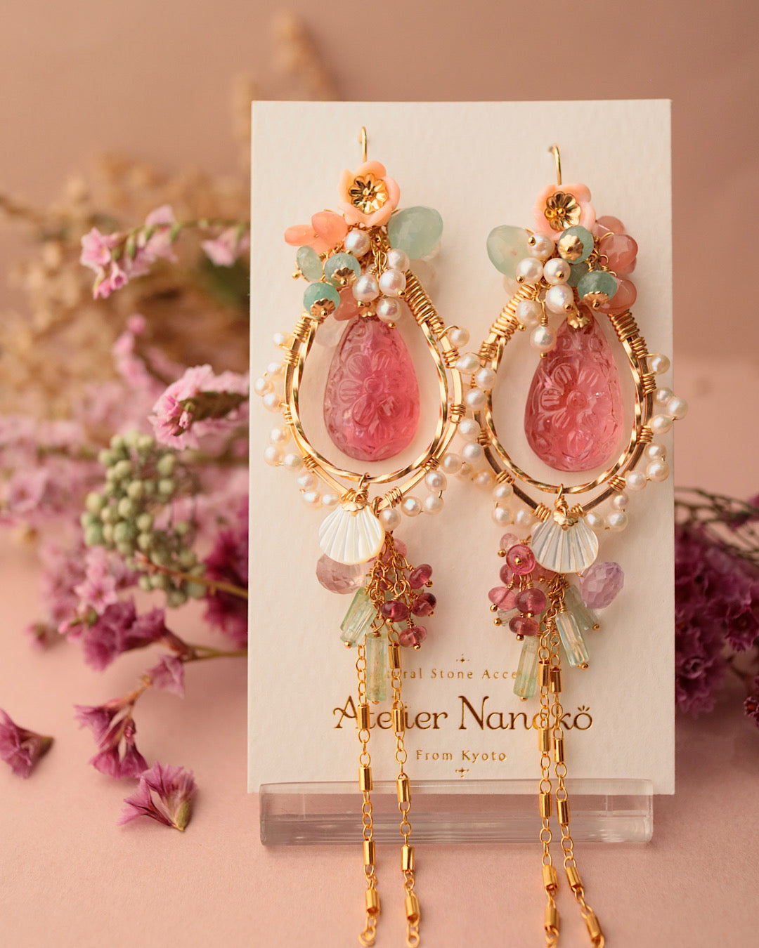 [One-of-a-kind] Flower carving tourmaline chandelier earrings