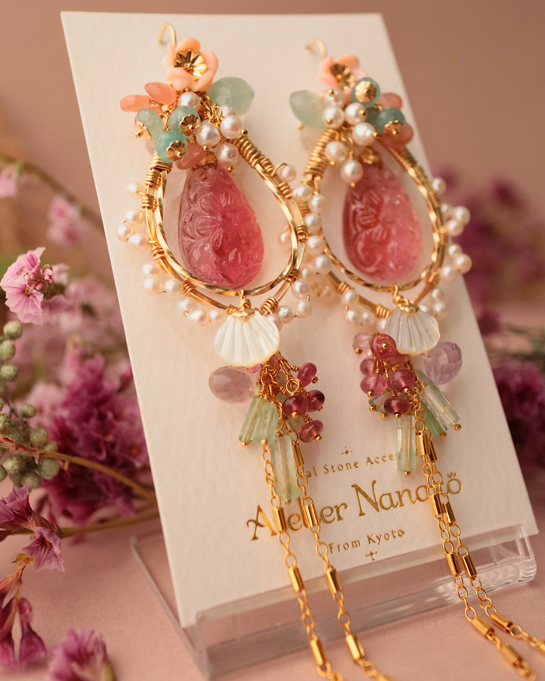 [One-of-a-kind] Flower carving tourmaline chandelier earrings