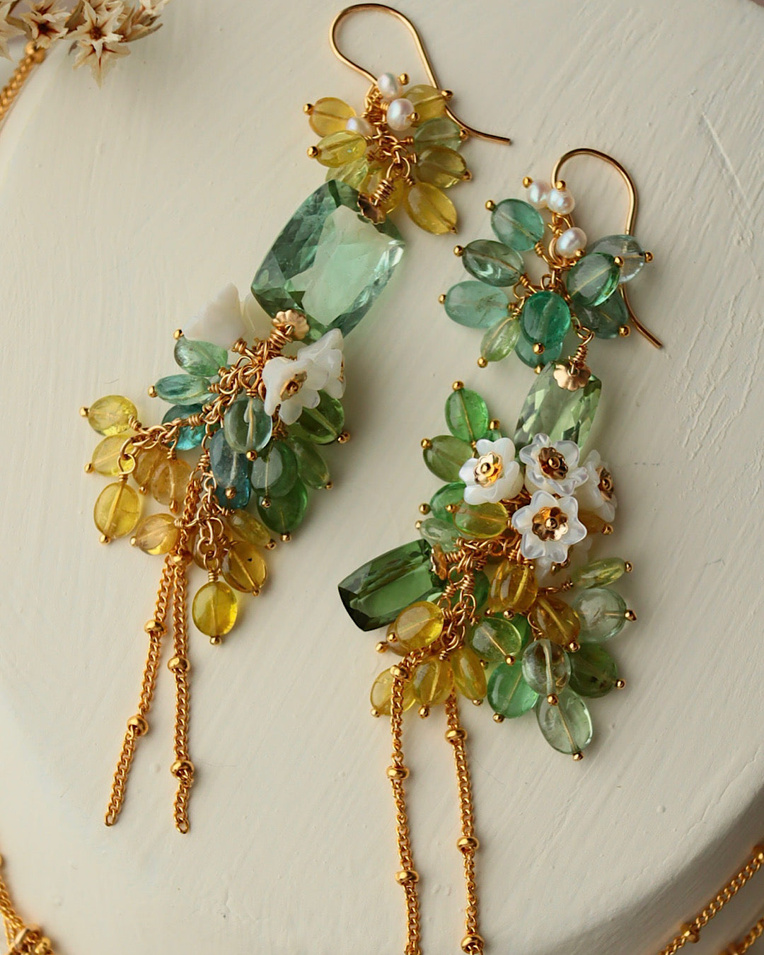 Green Tourmaline Asymmetrical Chandelier Earrings with Multi-Color Tourmaline and Pearl Flower
