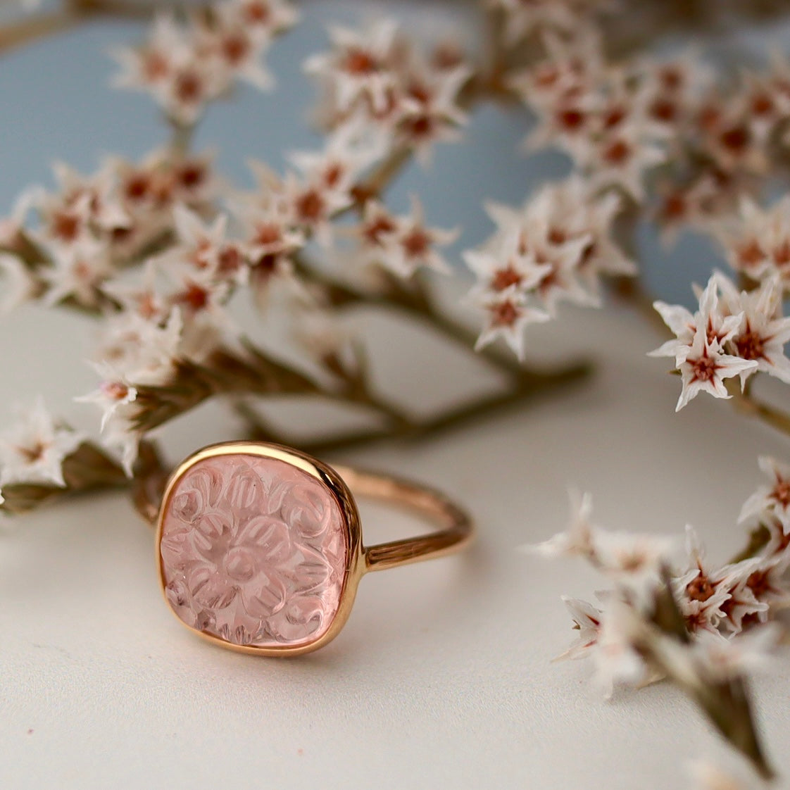 Carved morganite ring