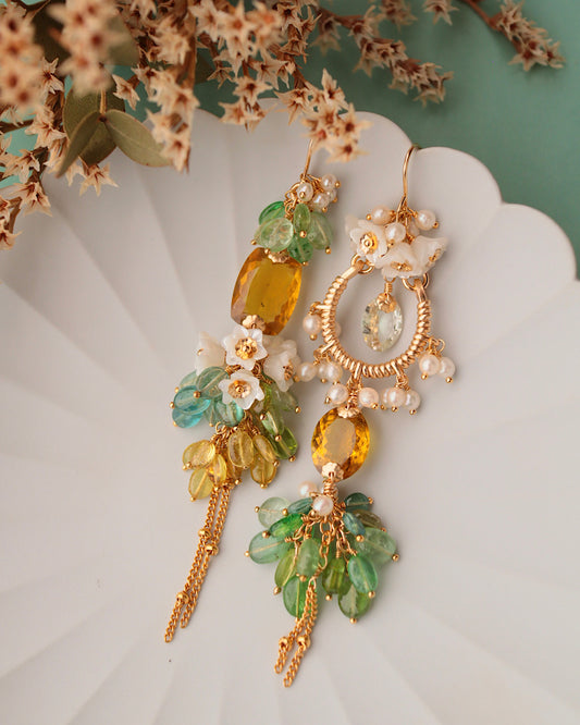 [One-of-a-kind] Asymmetrical yellow tourmaline earrings