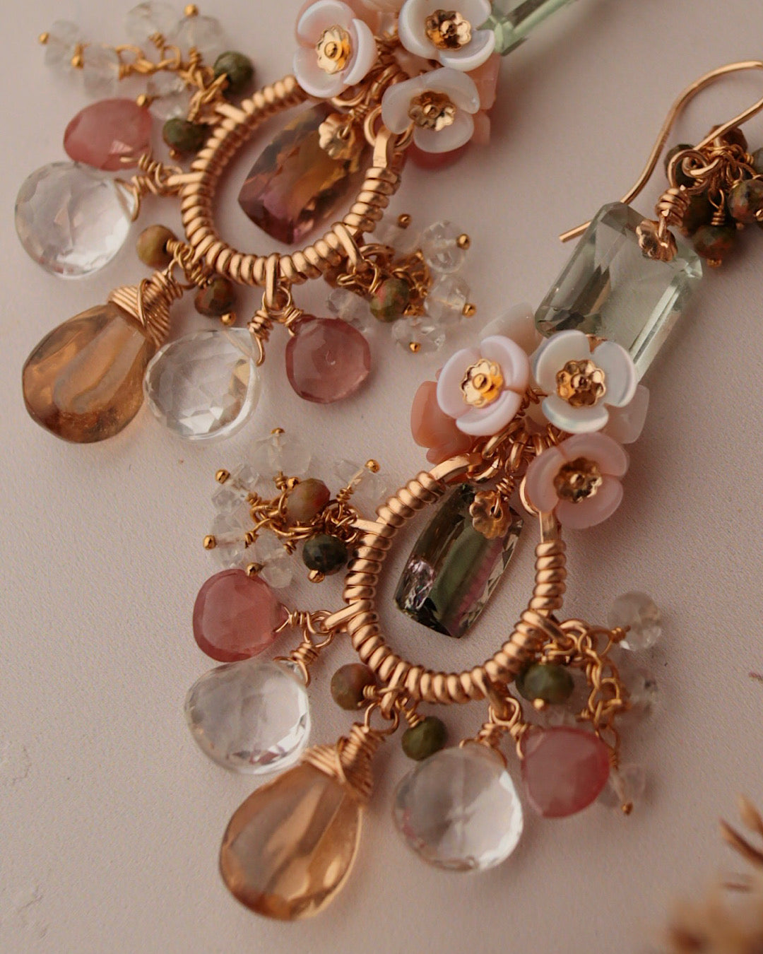 [One-of-a-kind] Bicolor Tourmaline and Champagne Quartz Chandelier Earrings