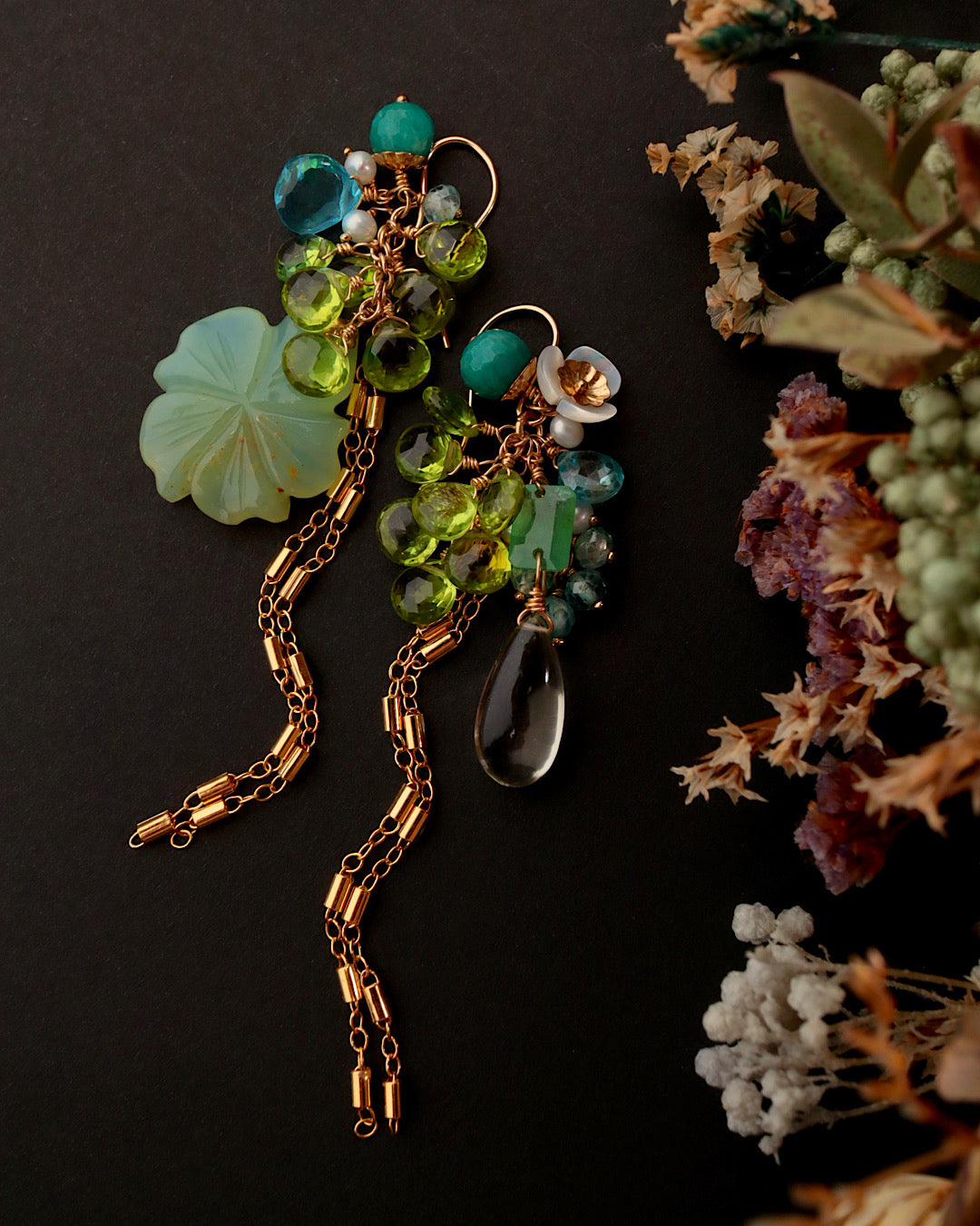 Blue Opal Flower and Peridot Asymmetric Earrings [One-of-a-kind]