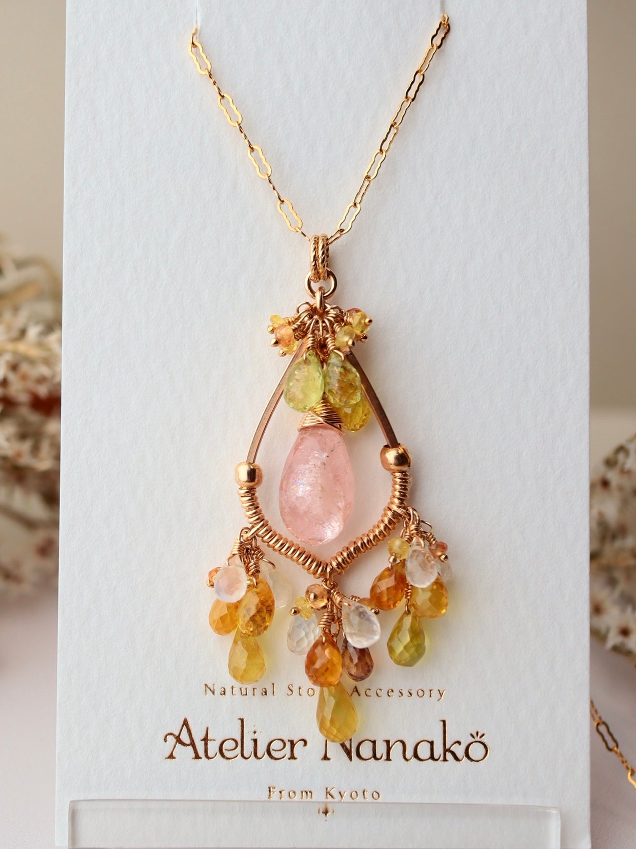 ①Morganite chandelier necklace