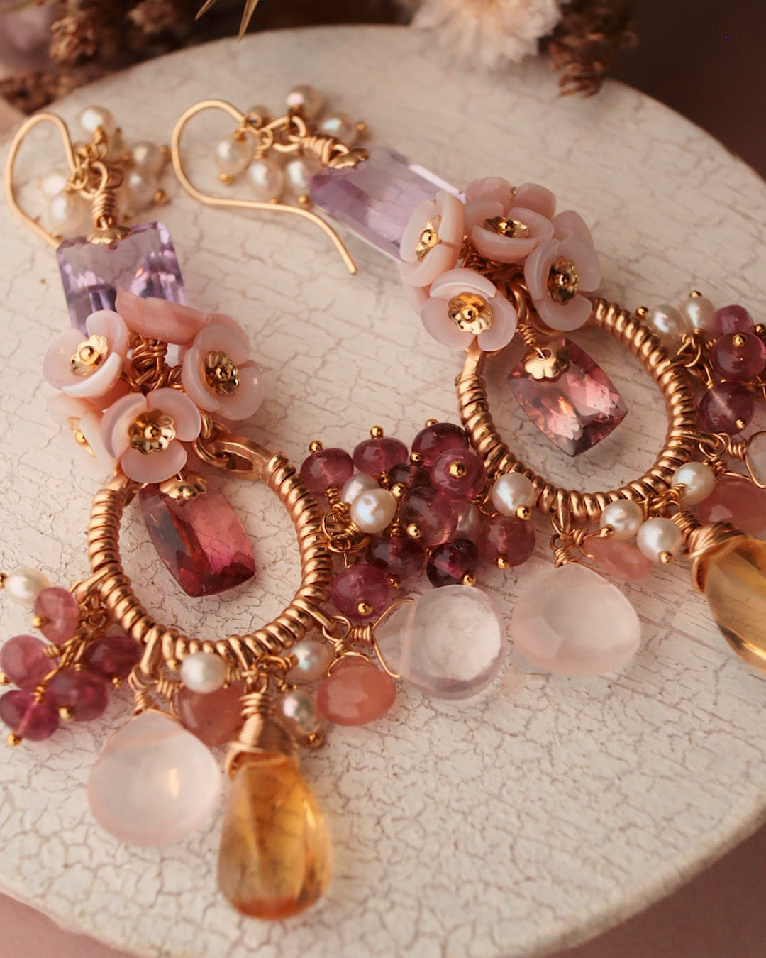 [One-of-a-kind] Bicolor Tourmaline and Citrine Chandelier Earrings