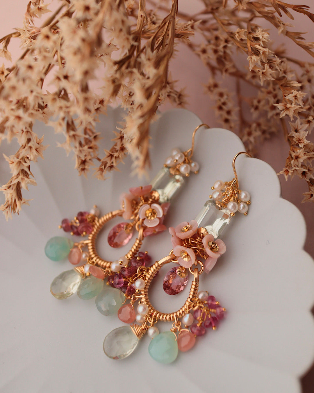 Pink tourmaline and green stone chandelier earrings