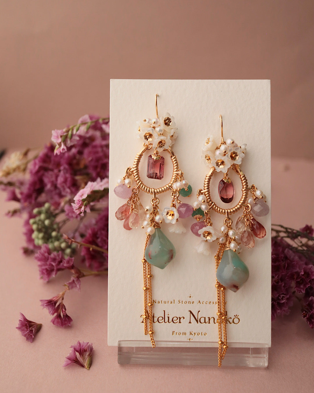 [One-of-a-kind] Tourmaline and Aquaprase Chandelier Earrings