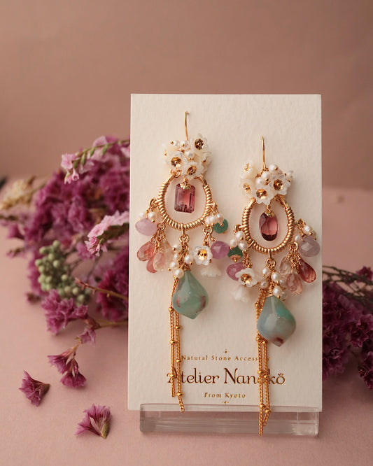 [One-of-a-kind] Tourmaline and Aquaprase Chandelier Earrings