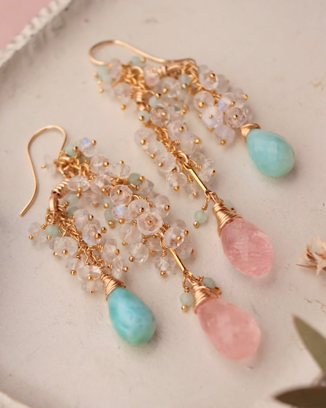 [One-of-a-kind] Morganite and Larimar Long Drop Earrings