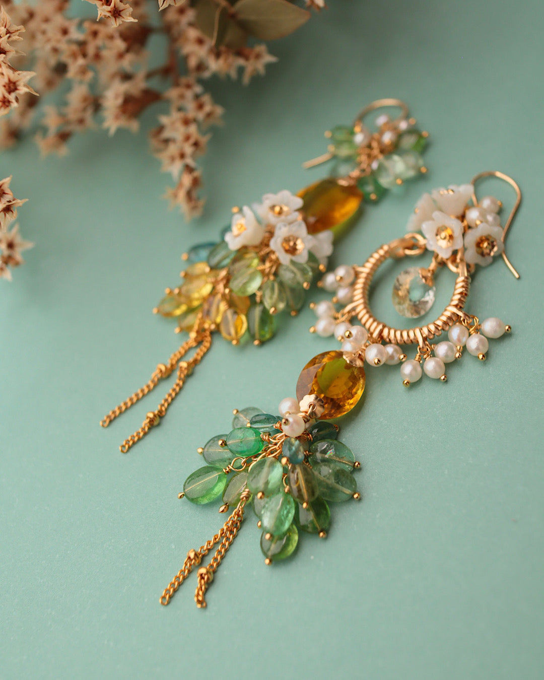 [One-of-a-kind] Asymmetrical yellow tourmaline earrings