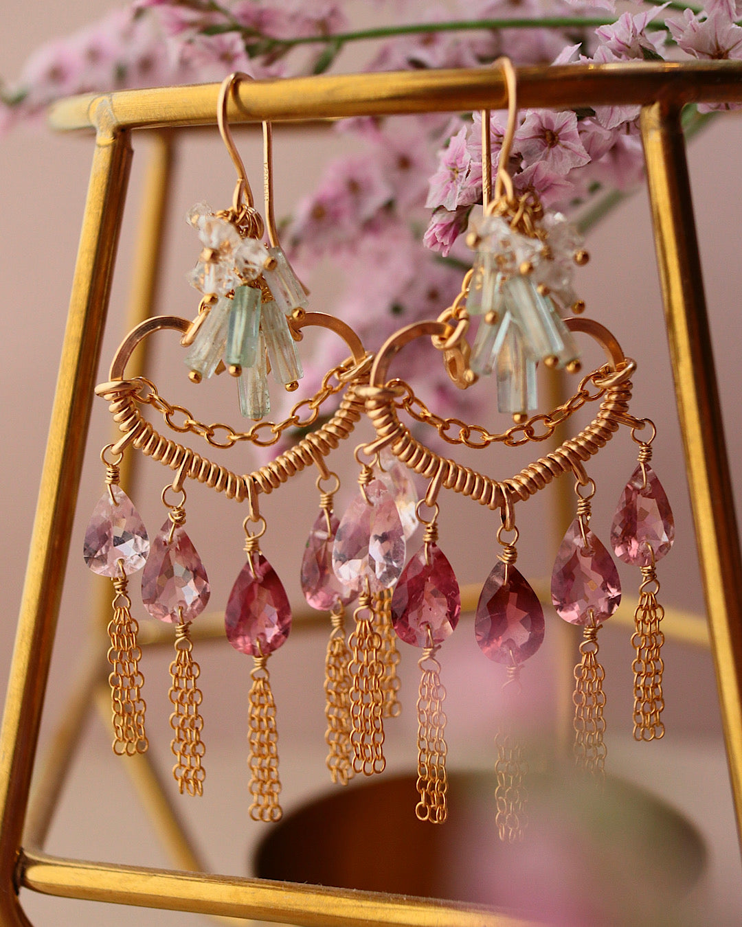 [One of a kind] Pink tourmaline heart chandelier earrings