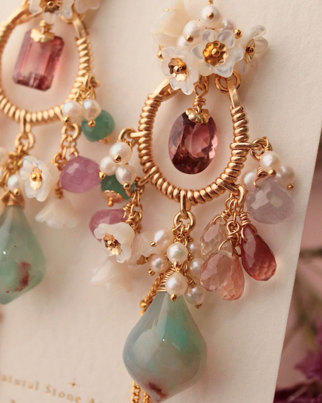 [One-of-a-kind] Tourmaline and Aquaprase Chandelier Earrings