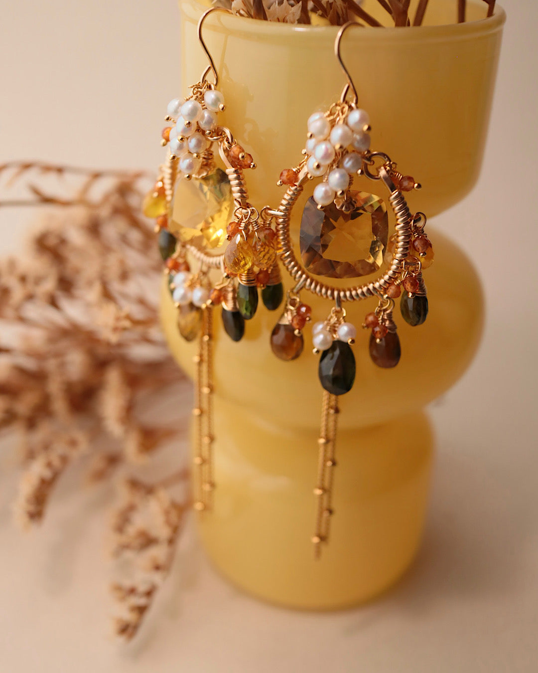 [One-of-a-kind] Lemon Quartz and Tourmaline Chandelier Earrings