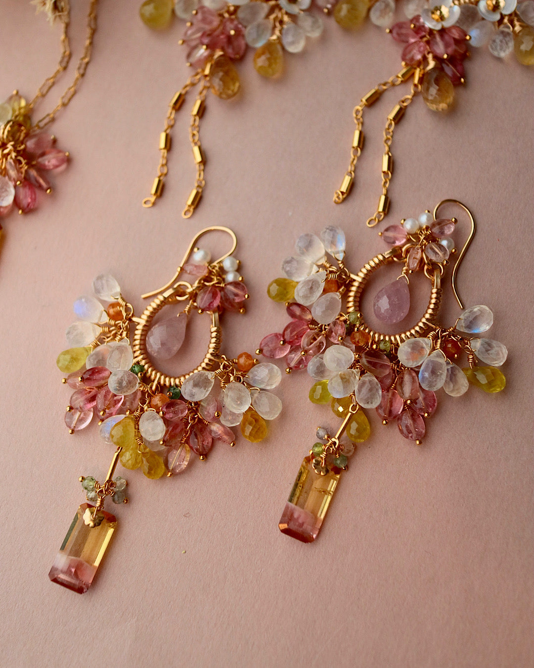 [One-of-a-kind / Round type] Pink x Yellow Bicolor Tourmaline Chandelier Earrings