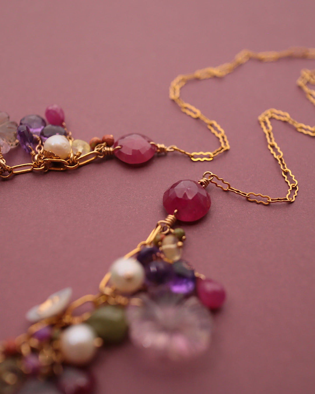 [One-of-a-kind] Pink sapphire and carved ametrine necklace