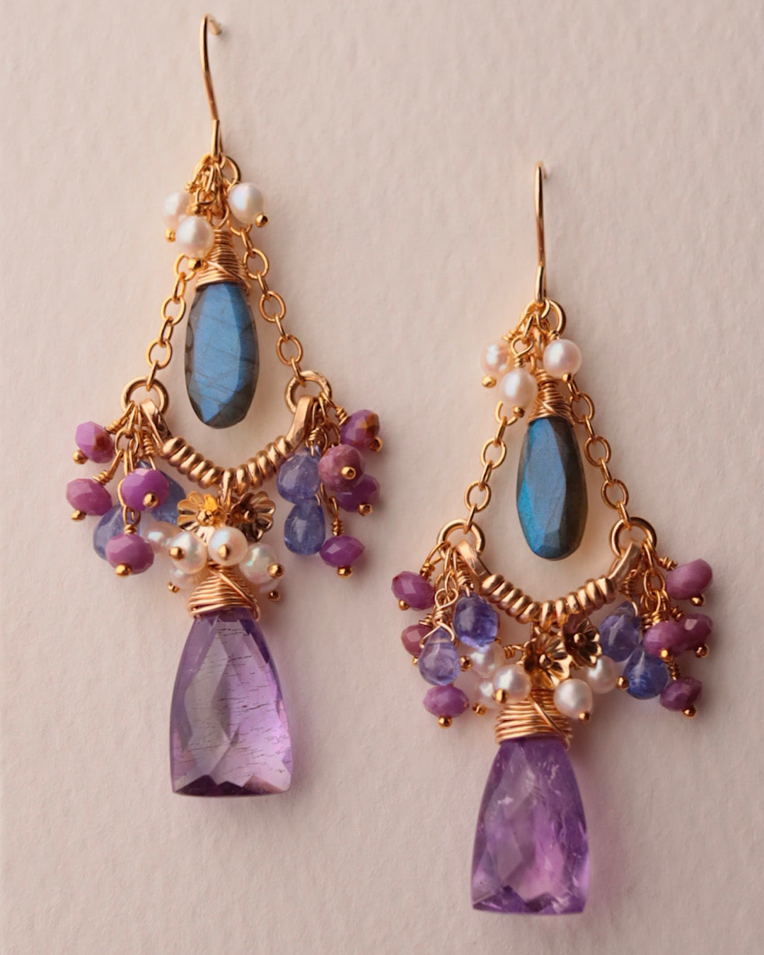 [One-of-a-kind] Moss Amethyst Triangle Chandelier Earrings