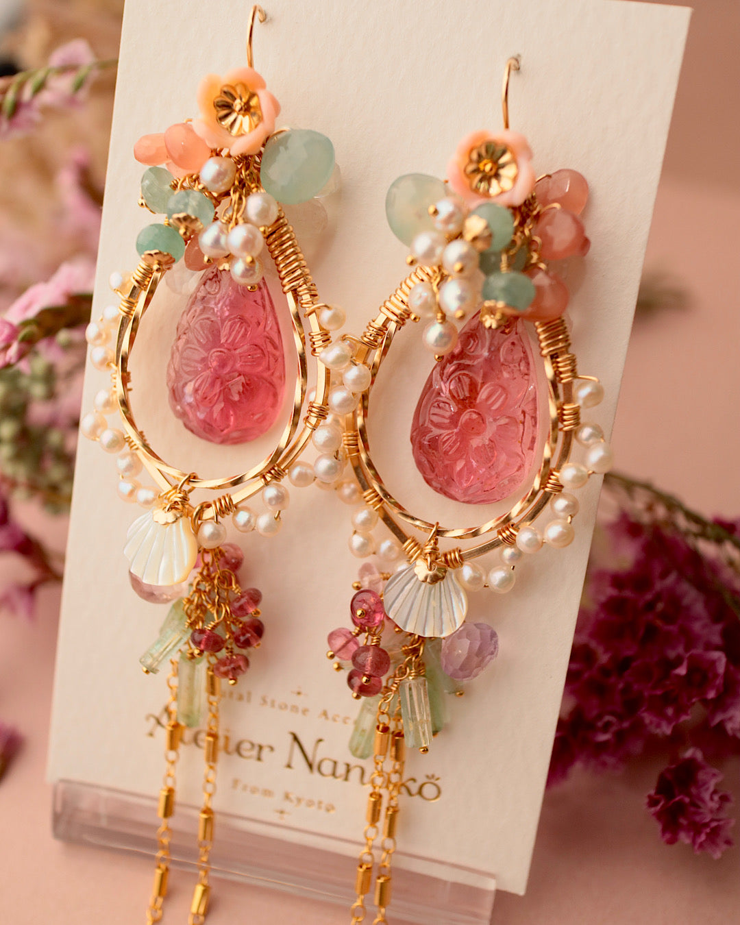 [One-of-a-kind] Flower carving tourmaline chandelier earrings
