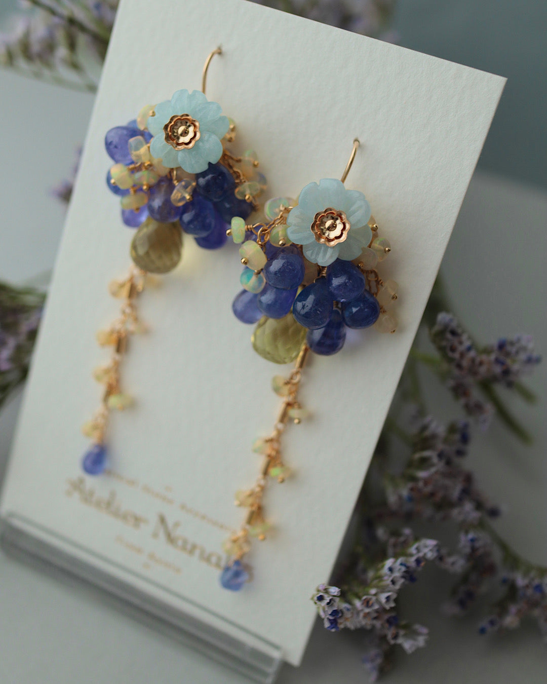 【Aqua Bloom】Aquamarine flower and tanzanite earrings
