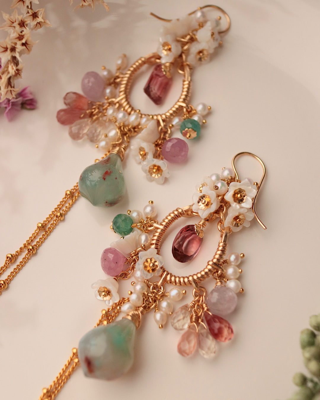 [One-of-a-kind] Tourmaline and Aquaprase Chandelier Earrings