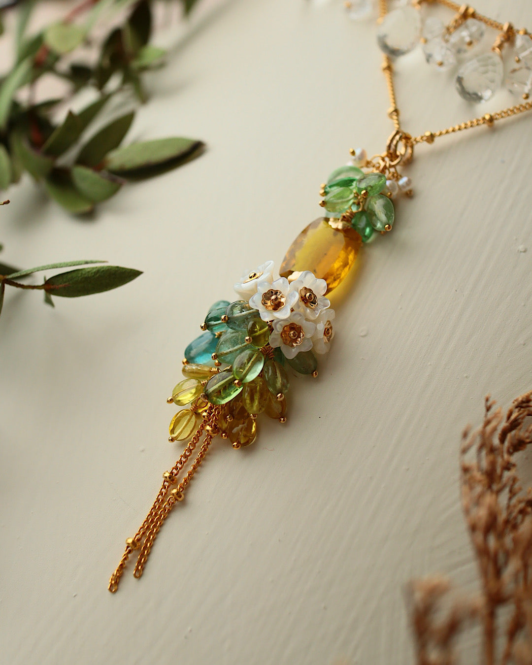Yellow Tourmaline Rectangle Necklace with Multi-Color Tourmaline and Pearl Flower