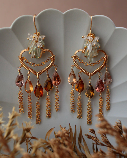 [One of a kind] Brown tourmaline heart chandelier earrings