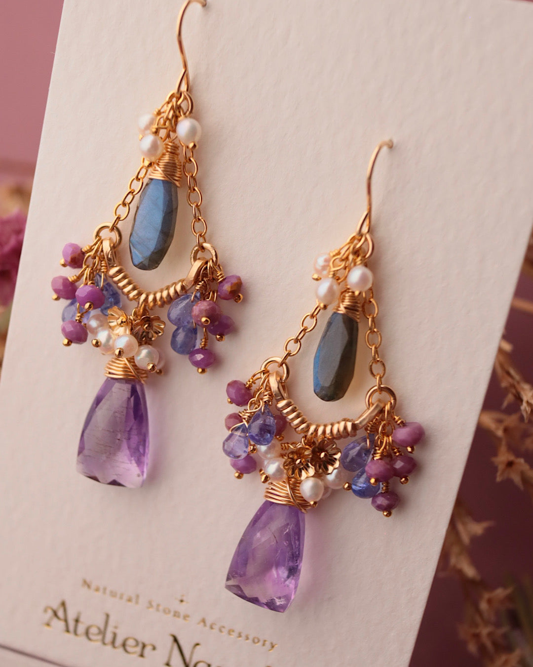 [One-of-a-kind] Moss Amethyst Triangle Chandelier Earrings